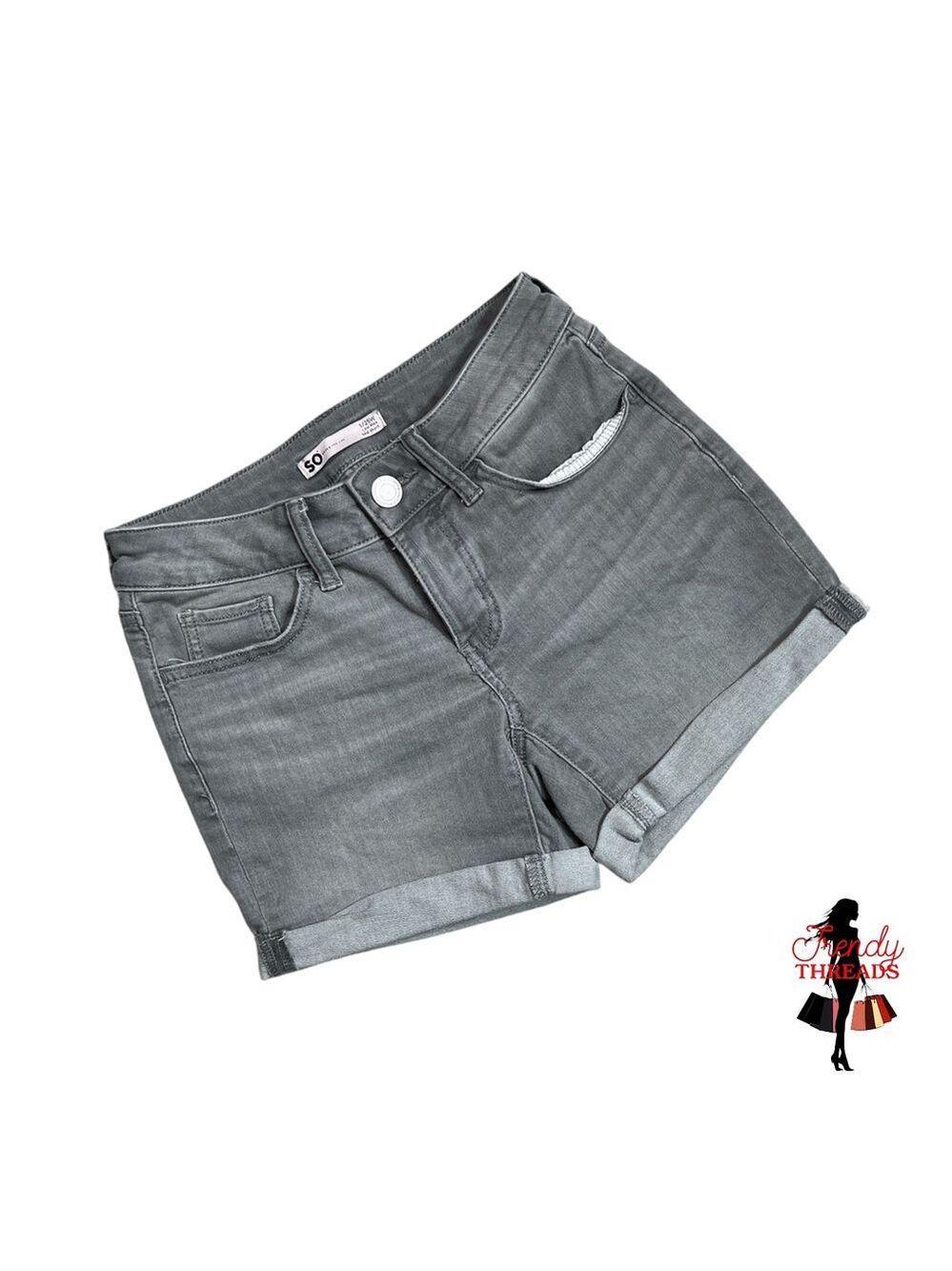 SO 1/25W Rolled Cuff Denim Shorts Low Rise Shortie Light Wash Gray Jean Summer
